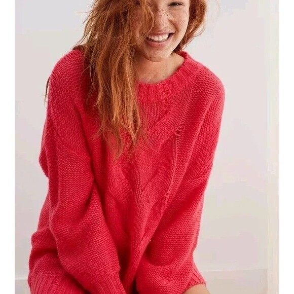 Aerie women Happy Place Cable Knit Sweater sz XS Salmon Pink Oversize Wool Blend - Picture 1 of 7